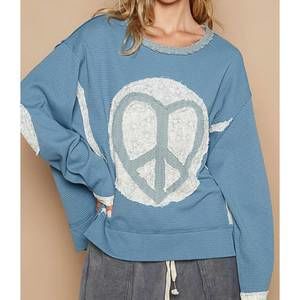NEW POL round neck long sleeve peace sign top in blue grey